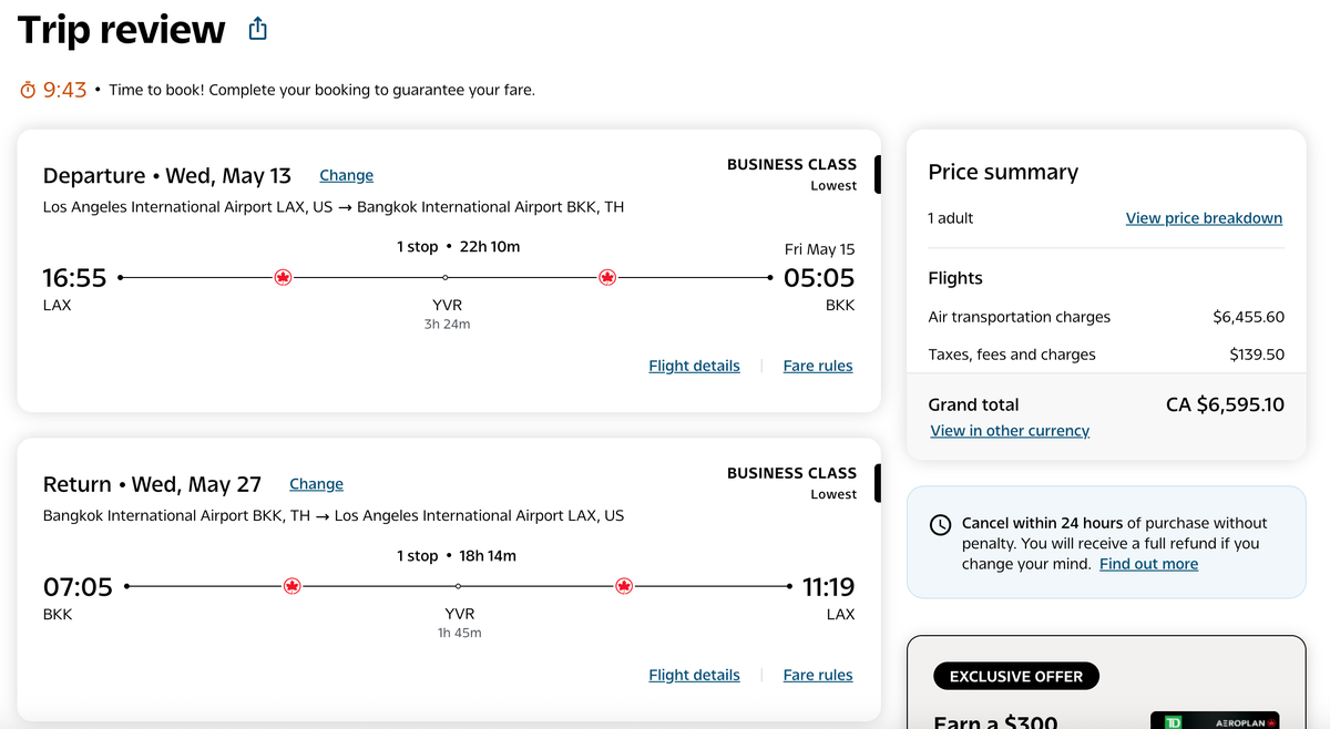 Air Canada LAX-YVR-BKK business fare